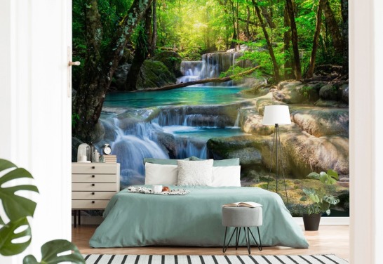 turkosblå anpassad vattenfall tapetväggmålning kallad Peaceful Waterfall för badrum och kök