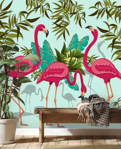 murale da parete personalizzabile con fenicotteri rosa, blu e verdi chiamato Tropical Pink Flamingos murale da parete personalizzabile con fenicotteri rosa, blu e verdi chiamato Tropical Pink Flamingos