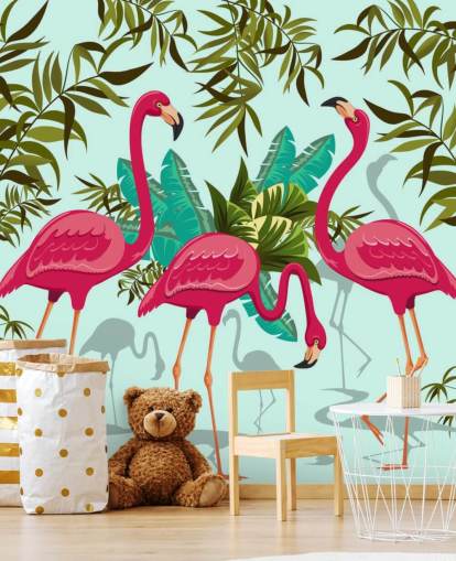 mural de pared de flamencos personalizable rosa, azul y verde llamado Tropical Pink Flamingos mural de pared de flamencos personalizable rosa, azul y verde llamado Tropical Pink Flamingos