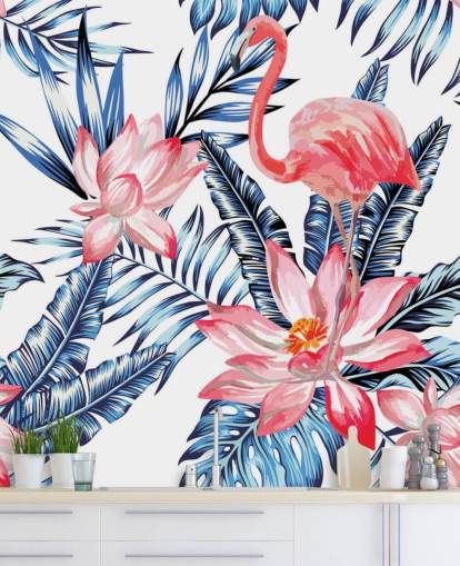Flamingo- ja palm Leaves -seinämaalaus Flamingo- ja palm Leaves -seinämaalaus