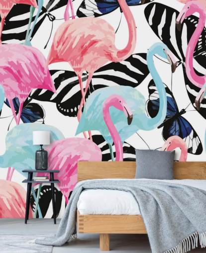 vaaleanpunainen ja sininen flamingo-taustakuvamaalaus nimeltä Flamingot perhosilla vaaleanpunainen ja sininen flamingo-taustakuvamaalaus nimeltä Flamingot perhosilla