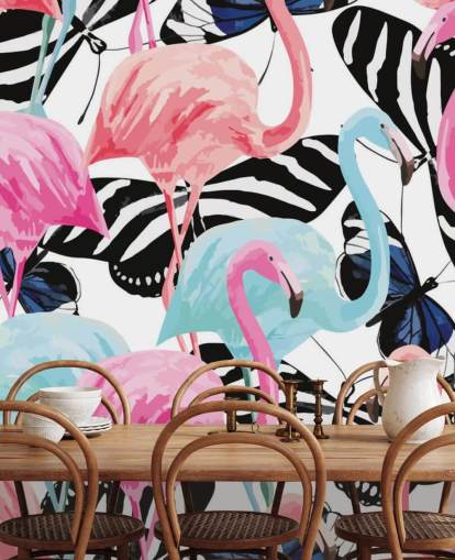 pink and blue flamingo wallpaper mural called Flamingos with Butterflies pink and blue flamingo wallpaper mural called Flamingos with Butterflies