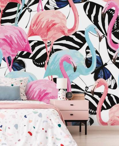 papier peint mural de flamants roses et bleus appelé Flamingos avec papillons papier peint mural de flamants roses et bleus appelé Flamingos avec papillons
