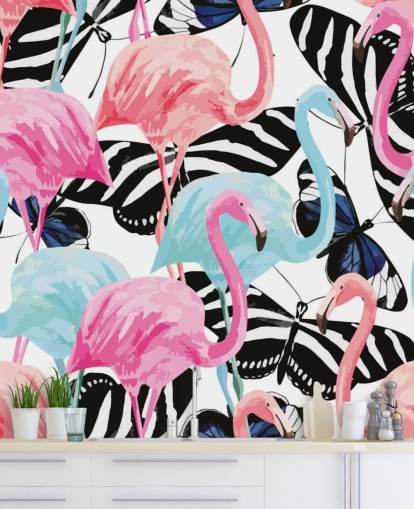pink and blue flamingo wallpaper mural called Flamingos with Butterflies pink and blue flamingo wallpaper mural called Flamingos with Butterflies