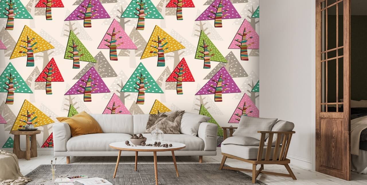 Colourful Christmas Trees Wallpaper Mural | Wallsauce UK