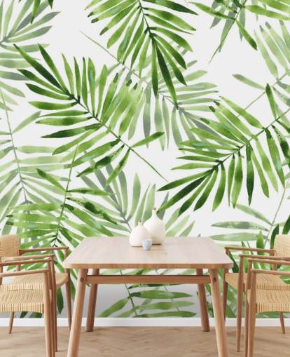 mural de papel de parede de folha de palmeira personalizado verde e branco chamado Green Palms para cozinhas mural de papel de parede de folha de palmeira personalizado verde e branco chamado Green Palms para cozinhas