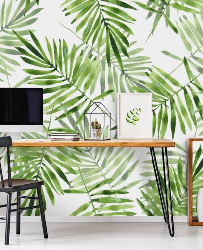 mural de papel de parede de folha de palmeira personalizado verde e branco chamado Green Palms para cozinhas mural de papel de parede de folha de palmeira personalizado verde e branco chamado Green Palms para cozinhas