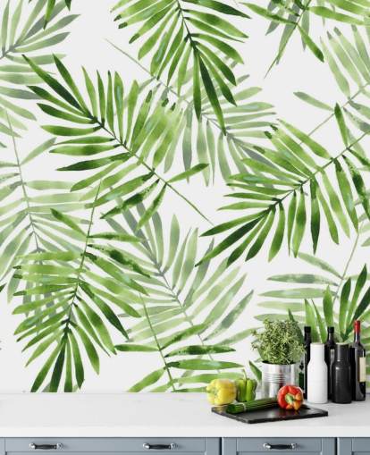 papier peint mural personnalisé en feuille de palmier vert et blanc appelé Green Palms pour cuisines papier peint mural personnalisé en feuille de palmier vert et blanc appelé Green Palms pour cuisines