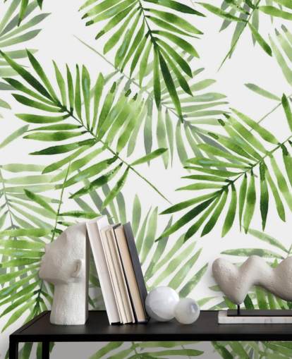 grön och vit anpassad palmblad tapetväggmålning kallad Green Palms för kök grön och vit anpassad palmblad tapetväggmålning kallad Green Palms för kök