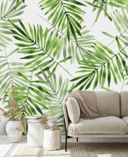 grön och vit anpassad palmblad tapetväggmålning kallad Green Palms för kök grön och vit anpassad palmblad tapetväggmålning kallad Green Palms för kök