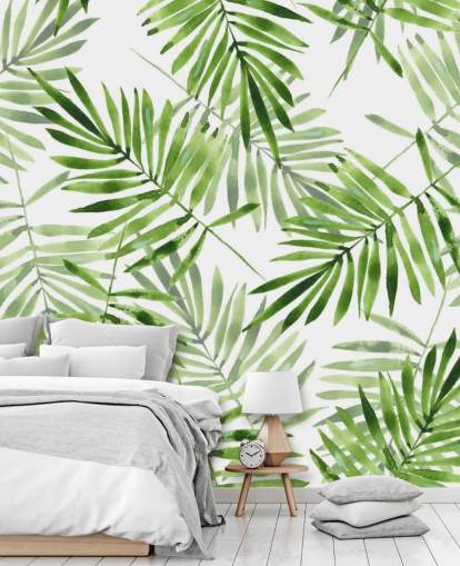 grønt og hvitt tilpasset palmeblad tapetmaleri kalt Green Palms for kjøkken grønt og hvitt tilpasset palmeblad tapetmaleri kalt Green Palms for kjøkken