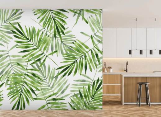 vihreä ja valkoinen mukautettu palmunlehtitaustakuvamaalaus nimeltä Green Palms keittiöihin