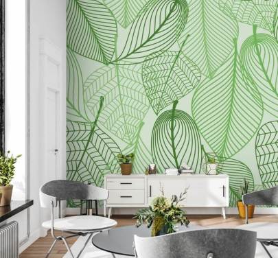 carta da parati murale con foglie verdi chiamata Green Leaves per camere da letto, bagni e cucine