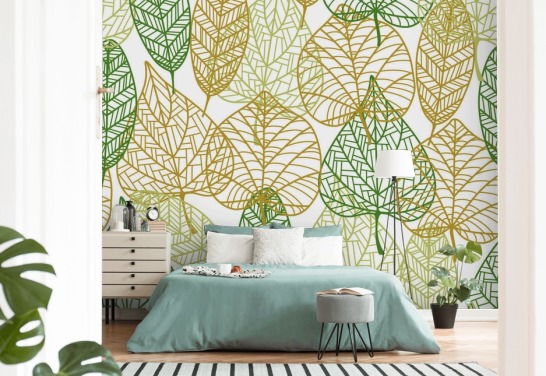 mural de papel de parede de folhas verdes e douradas chamado Colours of Autumn para banheiros, cozinhas e salas de estar