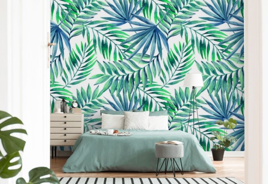 blue and green toned tropical leaves wallpaper