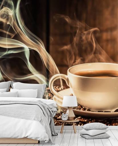 Steamy Coffee Cup with Coffee Beans Wall Mural Steamy Coffee Cup with Coffee Beans Wall Mural