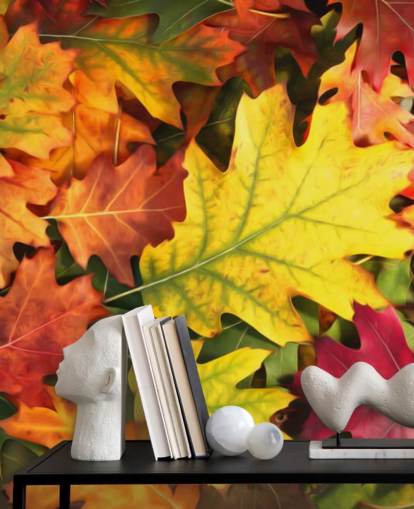 grønt og oransje tilpassbart bladtapet veggmaleri kalt Colourful Autumn Oak Leaves grønt og oransje tilpassbart bladtapet veggmaleri kalt Colourful Autumn Oak Leaves