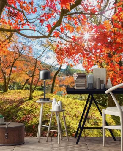 rødt og grønt tilpasseligt skovtapet vægmaleri kaldet Autumn Scene with Red Trees til stuer og spisestuer rødt og grønt tilpasseligt skovtapet vægmaleri kaldet Autumn Scene with Red Trees til stuer og spisestuer