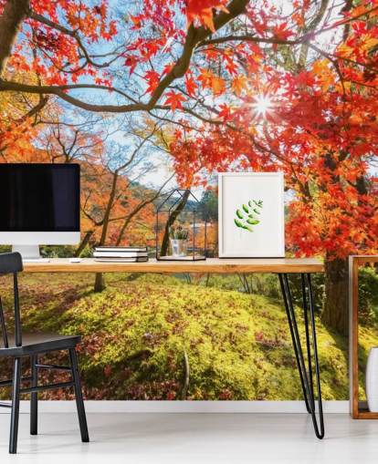 Wandbild „Herbstliche Szene mit roten Bäumen“, personalisierbar, Rot und Grün, für Wohn- und Esszimmer Wandbild „Herbstliche Szene mit roten Bäumen“, personalisierbar, Rot und Grün, für Wohn- und Esszimmer