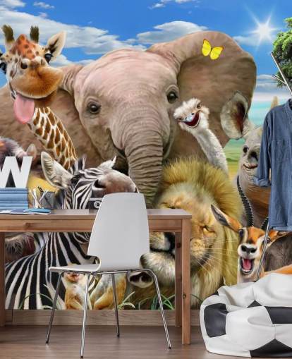 papier peint animalier coloré personnalisable appelé Africa Selfie par Howard Robinson pour chambre d'enfant papier peint animalier coloré personnalisable appelé Africa Selfie par Howard Robinson pour chambre d'enfant