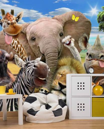papel de parede colorido de animais personalizável chamado Africa Selfie de Howard Robinson para quarto infantil papel de parede colorido de animais personalizável chamado Africa Selfie de Howard Robinson para quarto infantil