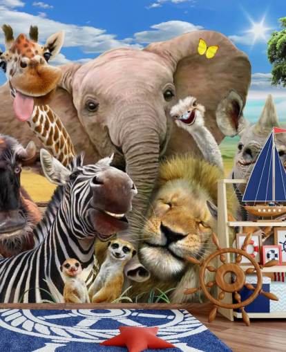 farbenfrohe personalisierbare Tiertapete namens Africa Selfie von Howard Robinson für das Kinderzimmer farbenfrohe personalisierbare Tiertapete namens Africa Selfie von Howard Robinson für das Kinderzimmer