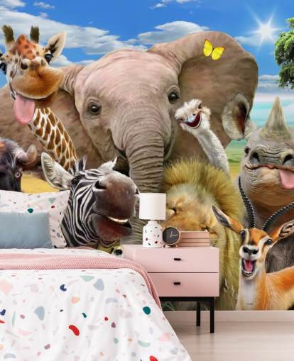 kleurrijk aanpasbaar dierenbehang genaamd Africa Selfie van Howard Robinson voor de kinderkamer kleurrijk aanpasbaar dierenbehang genaamd Africa Selfie van Howard Robinson voor de kinderkamer