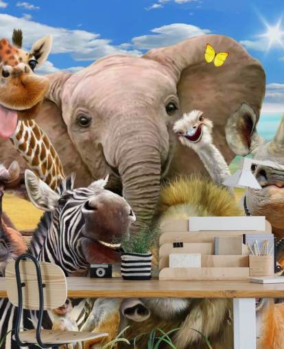 färgglada anpassningsbara djur tapet som heter Africa Selfie av Howard Robinson för barnens sovrum färgglada anpassningsbara djur tapet som heter Africa Selfie av Howard Robinson för barnens sovrum