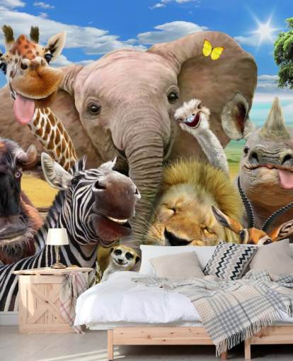 kleurrijk aanpasbaar dierenbehang genaamd Africa Selfie van Howard Robinson voor de kinderkamer kleurrijk aanpasbaar dierenbehang genaamd Africa Selfie van Howard Robinson voor de kinderkamer