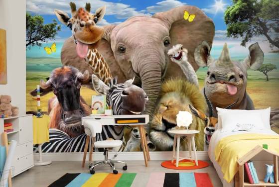 colourful customisable animal wallpaper called Africa Selfie by Howard Robinson for kid's bedroom