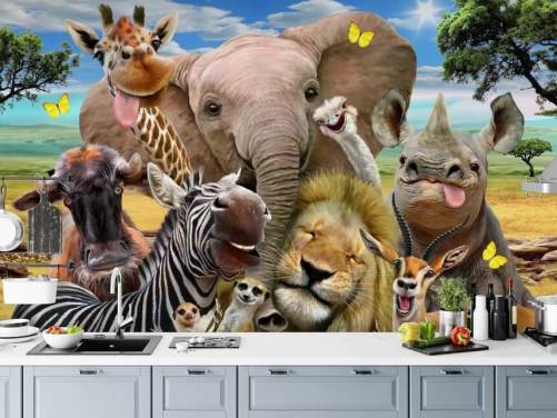 Howard Robinsonin värikäs muokattava eläintaustakuva nimeltä Africa Selfie lasten makuuhuoneeseen
