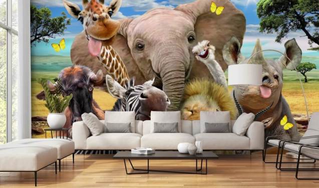 colourful customisable animal wallpaper called Africa Selfie by Howard Robinson for kid's bedroom