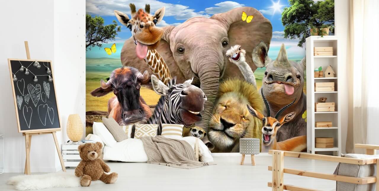 colourful customisable animal wallpaper called Africa Selfie by Howard Robinson for kid's bedroom