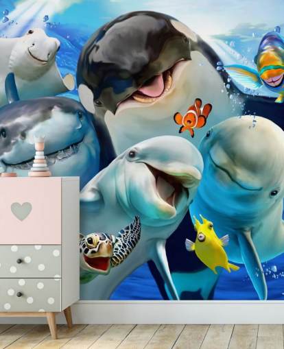 Howard Robinsonin kirkas lasten merielämän taustakuvamaalaus nimeltä Ocean Selfie lasten makuuhuoneisiin, leikkihuoneisiin ja lastentarhoihin Howard Robinsonin kirkas lasten merielämän taustakuvamaalaus nimeltä Ocean Selfie lasten makuuhuoneisiin, leikkihuoneisiin ja lastentarhoihin