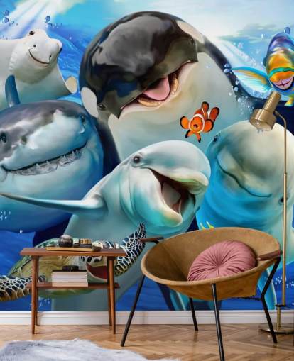 mural brillante de papel pintado de vida marina para niños llamado Ocean Selfie de Howard Robinson para dormitorios infantiles, salas de juegos y guarderías mural brillante de papel pintado de vida marina para niños llamado Ocean Selfie de Howard Robinson para dormitorios infantiles, salas de juegos y guarderías