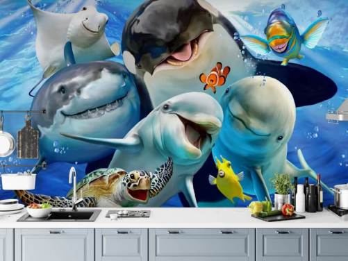 bright kids sea life wallpaper mural called Ocean Selfie by Howard Robinson for kids bedrooms, playrooms and nurseries