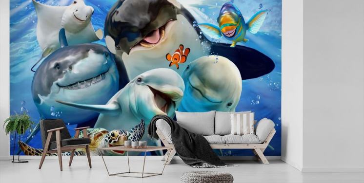 bright kids sea life wallpaper mural called Ocean Selfie by Howard Robinson for kids bedrooms, playrooms and nurseries