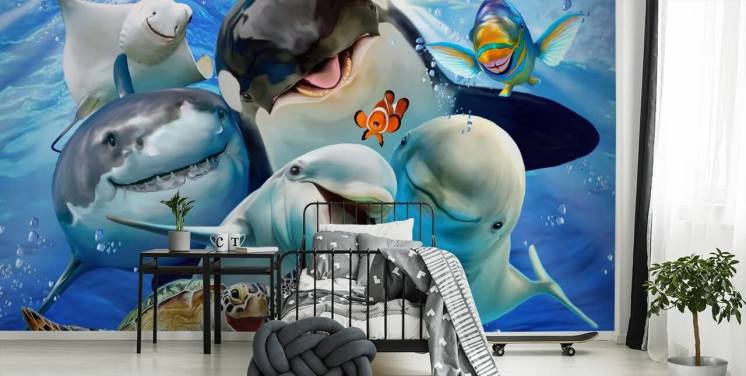 lyst tapet til havliv til børn kaldet Ocean Selfie af Howard Robinson til børns soveværelser, legerum og planteskoler