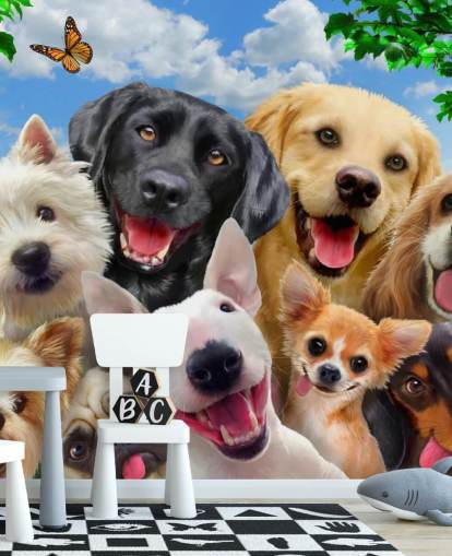tilpasset tapet for hunder kalt Dogs Selfie av Howard Robinson for barnas soverom, barnehage eller lekerom tilpasset tapet for hunder kalt Dogs Selfie av Howard Robinson for barnas soverom, barnehage eller lekerom