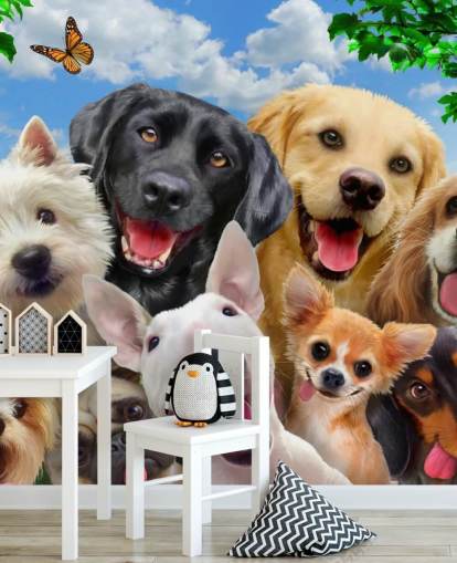 tilpasset tapet for hunder kalt Dogs Selfie av Howard Robinson for barnas soverom, barnehage eller lekerom tilpasset tapet for hunder kalt Dogs Selfie av Howard Robinson for barnas soverom, barnehage eller lekerom