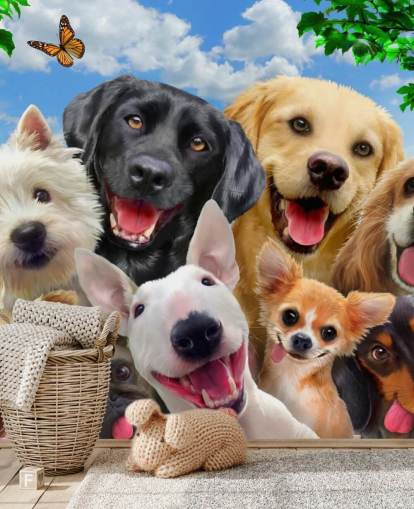 op maat gemaakte hondenbehangmuurschildering genaamd Dogs Selfie van Howard Robinson voor een kinderkamer, kinderkamer of speelkamer op maat gemaakte hondenbehangmuurschildering genaamd Dogs Selfie van Howard Robinson voor een kinderkamer, kinderkamer of speelkamer