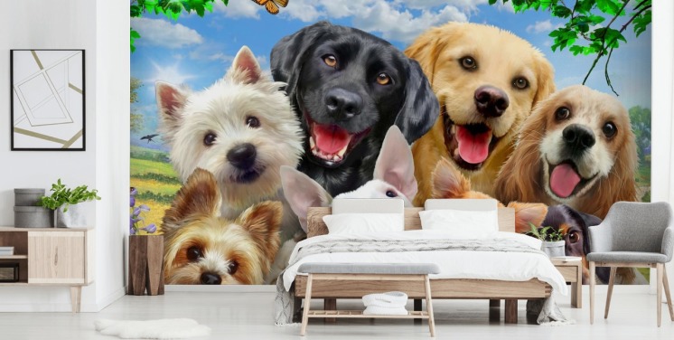 anpassad hundtapet väggmålning kallad Dogs Selfie av Howard Robinson för ett barns sovrum, plantskola eller lekrum