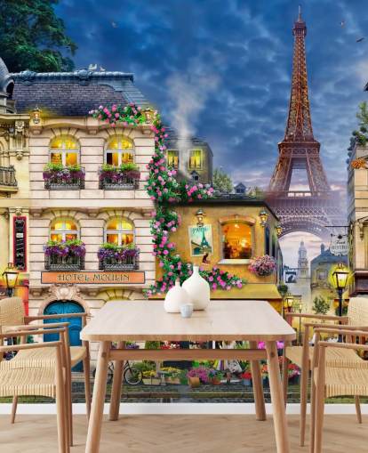 Mural de pared Idílicas casas y torre en el fondo de París Mural de pared Idílicas casas y torre en el fondo de París