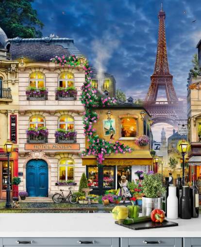 Idyllic Paris Houses and Tower in Background Wall Mural Idyllic Paris Houses and Tower in Background Wall Mural