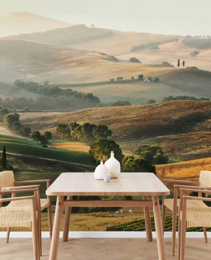 mural de papel de parede de paisagem verde e laranja chamado Italian Countryside para salas de jantar, cozinhas e restaurantes mural de papel de parede de paisagem verde e laranja chamado Italian Countryside para salas de jantar, cozinhas e restaurantes