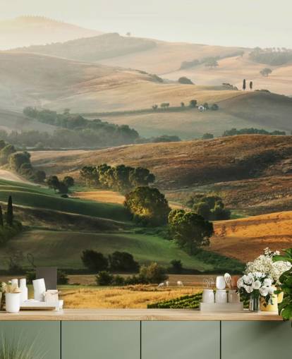 green and orange landscape wallpaper mural called Italian Countryside for dining rooms, kitchens and restaurants green and orange landscape wallpaper mural called Italian Countryside for dining rooms, kitchens and restaurants