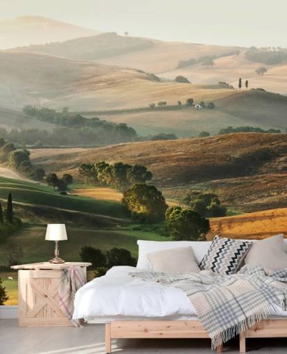 grüne und orangefarbene Landschaftstapete mit dem Titel Italian Countryside für Esszimmer, Küchen und Restaurants grüne und orangefarbene Landschaftstapete mit dem Titel Italian Countryside für Esszimmer, Küchen und Restaurants