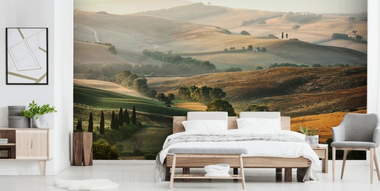 grønt og orange landskabstapetmaleri kaldet Italian Countryside til spisestuer, køkkener og restauranter