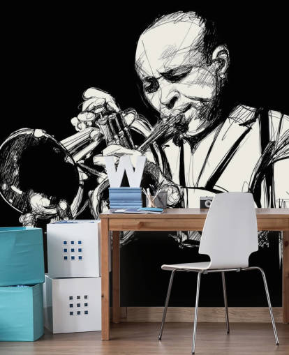 Arte em preto e branco do papel de parede do jogador de jazz Arte em preto e branco do papel de parede do jogador de jazz