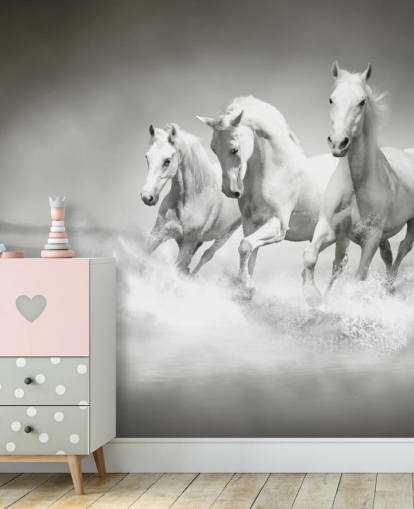 Personalisierbare schwarz-weiße Pferdetapete namens Horses Black & White für Unternehmen, Wohnzimmer und Küchen Personalisierbare schwarz-weiße Pferdetapete namens Horses Black & White für Unternehmen, Wohnzimmer und Küchen